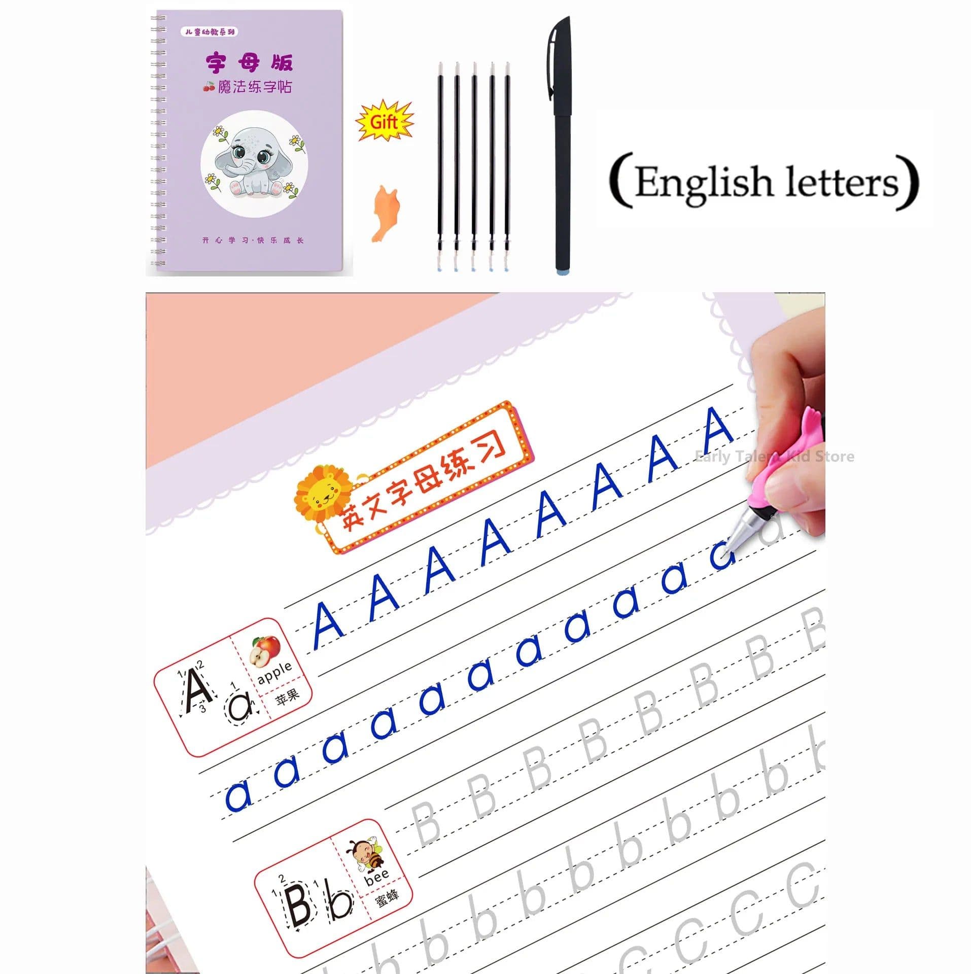 image-Reusable 3D Groove Learn English Copybook Calligraphy Handwriting Learn Math Draw Book Writing For Kid Pen Control Training Gift