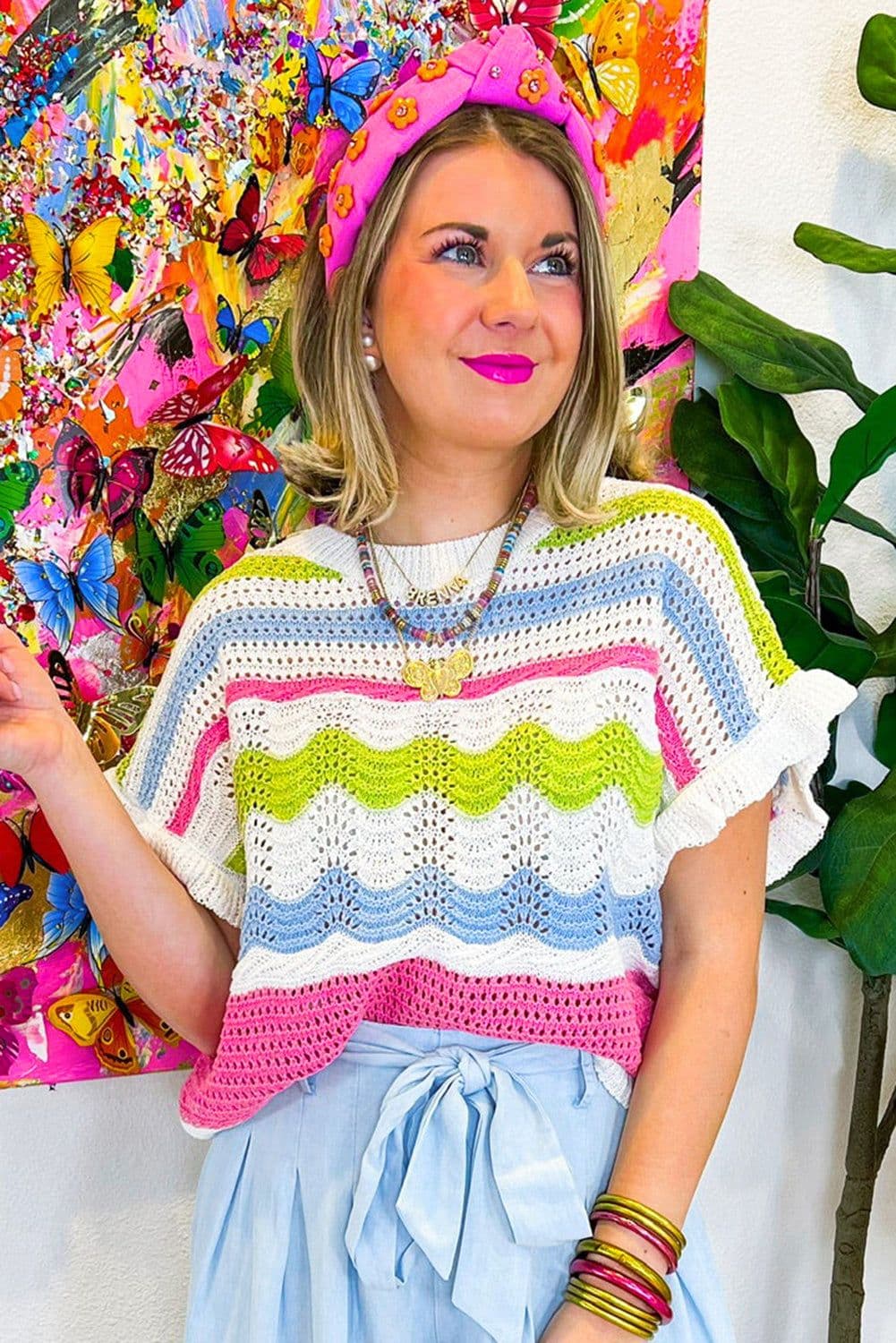 image-White Colorblock Crochet Knit Ruffled Short Sleeve Top