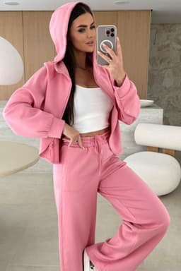image-Pink Solid Color Zip Up Hoodie Drawstring Loose Pants Set