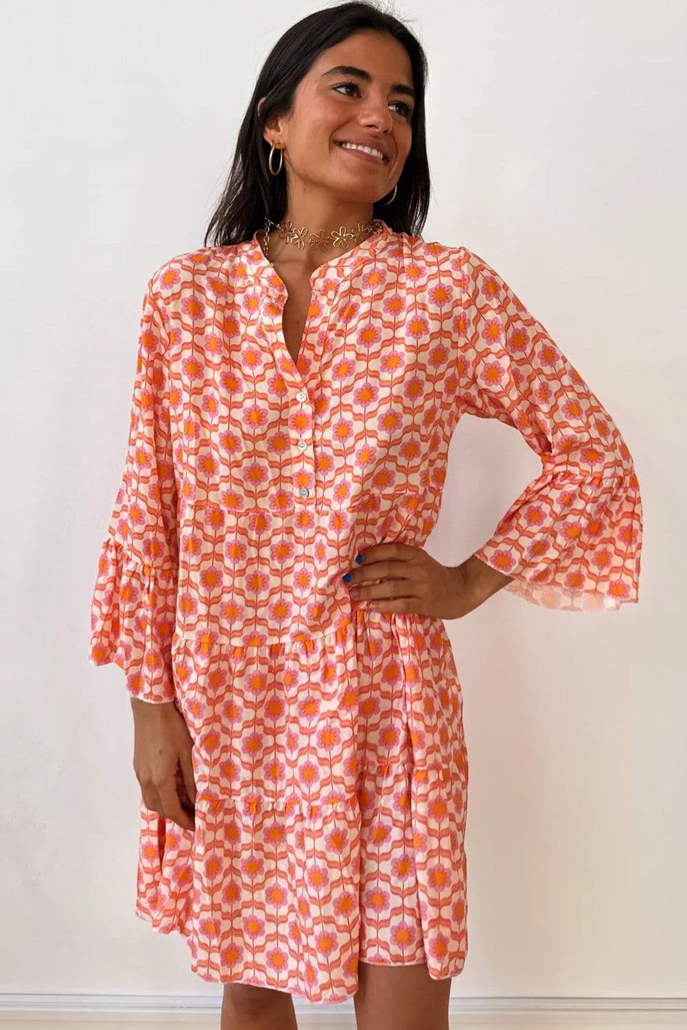 image-Floral Print Flounce Sleeve Mini Dress - Orange, Size S-XL