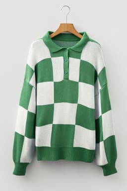 image-Mist Green Checkered Polo Collar Loose Sweater