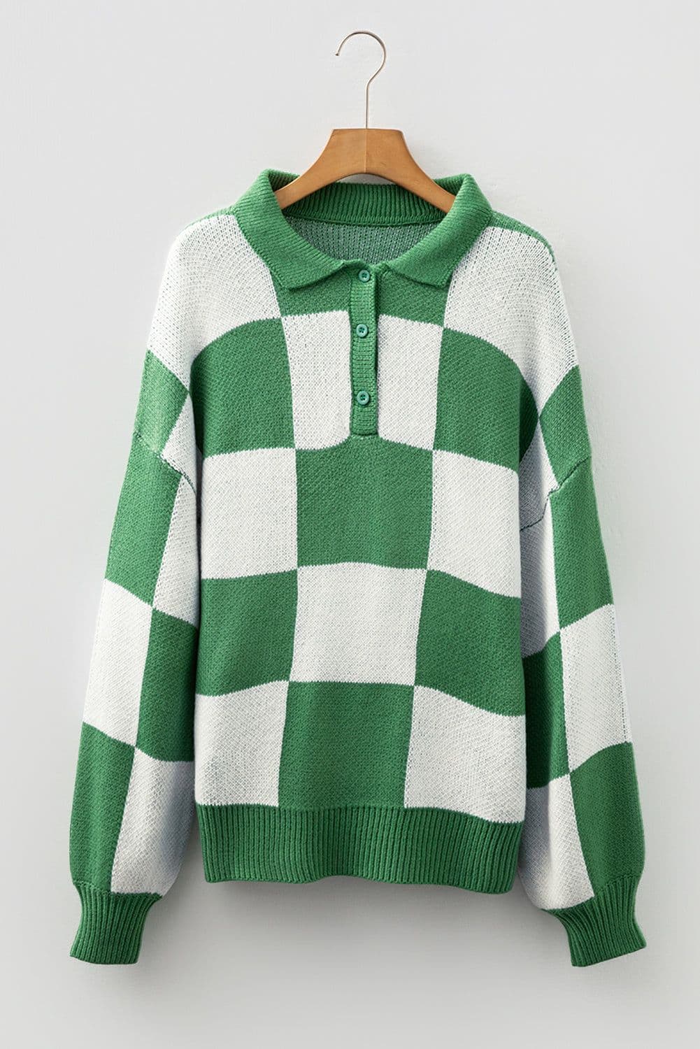 image-Mist Green Checkered Polo Collar Loose Sweater