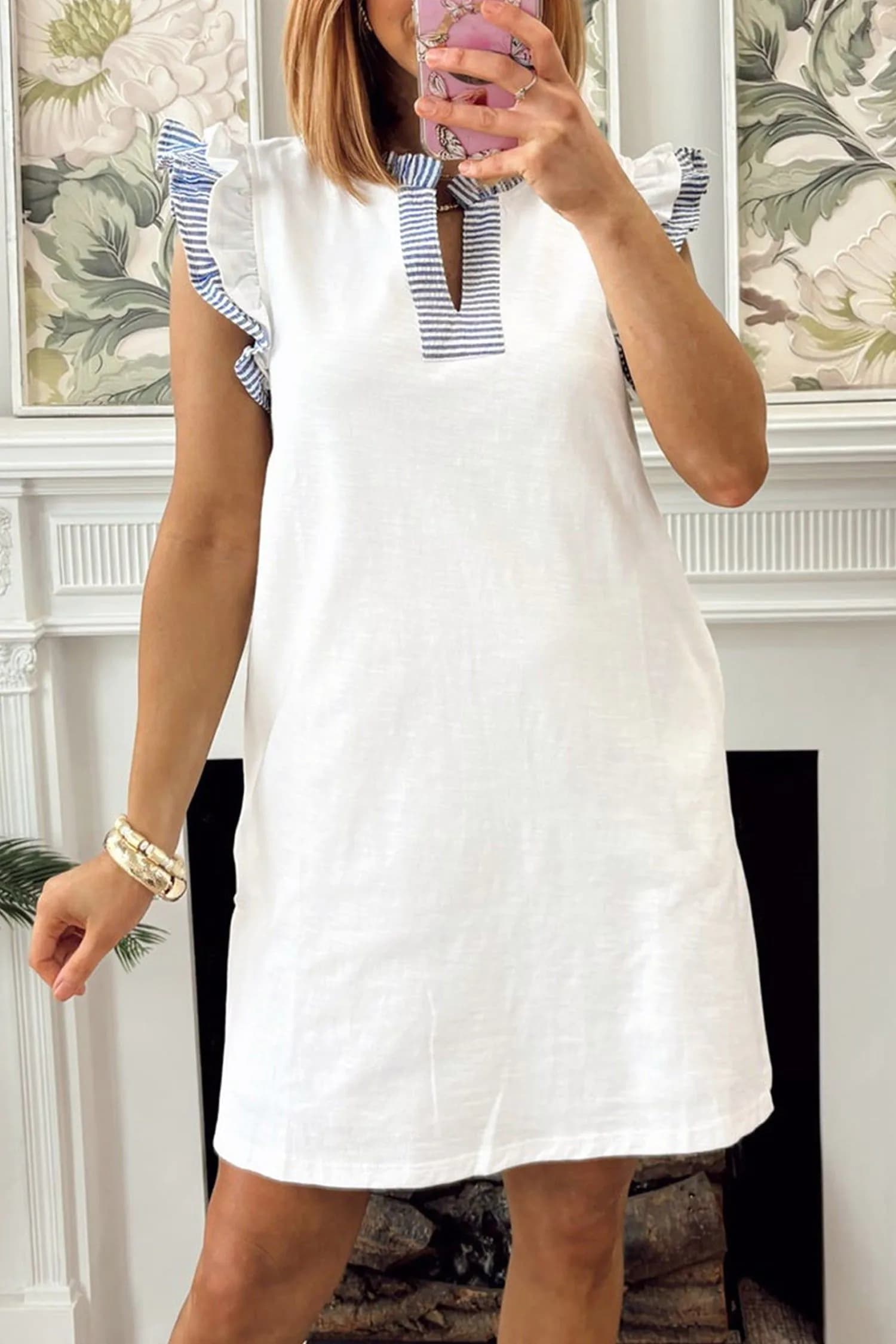 image-White Striped Patchwork Split Neck Ruffle Sleeveless Dress