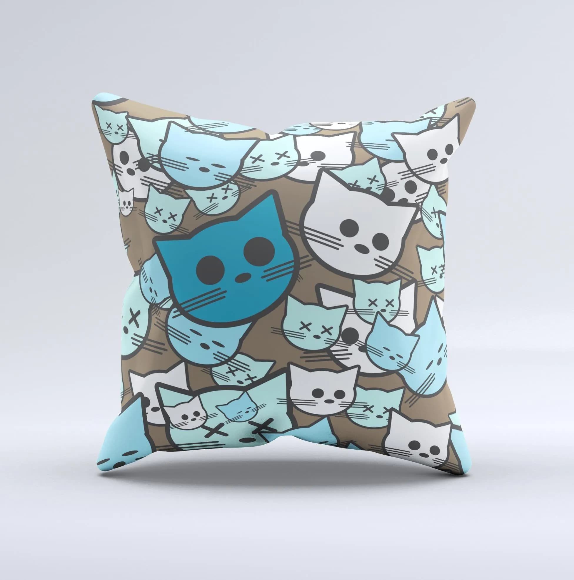 image-Blue and Pink Vector Faced Cats Ink-Fuzed Decorative Throw Pillow