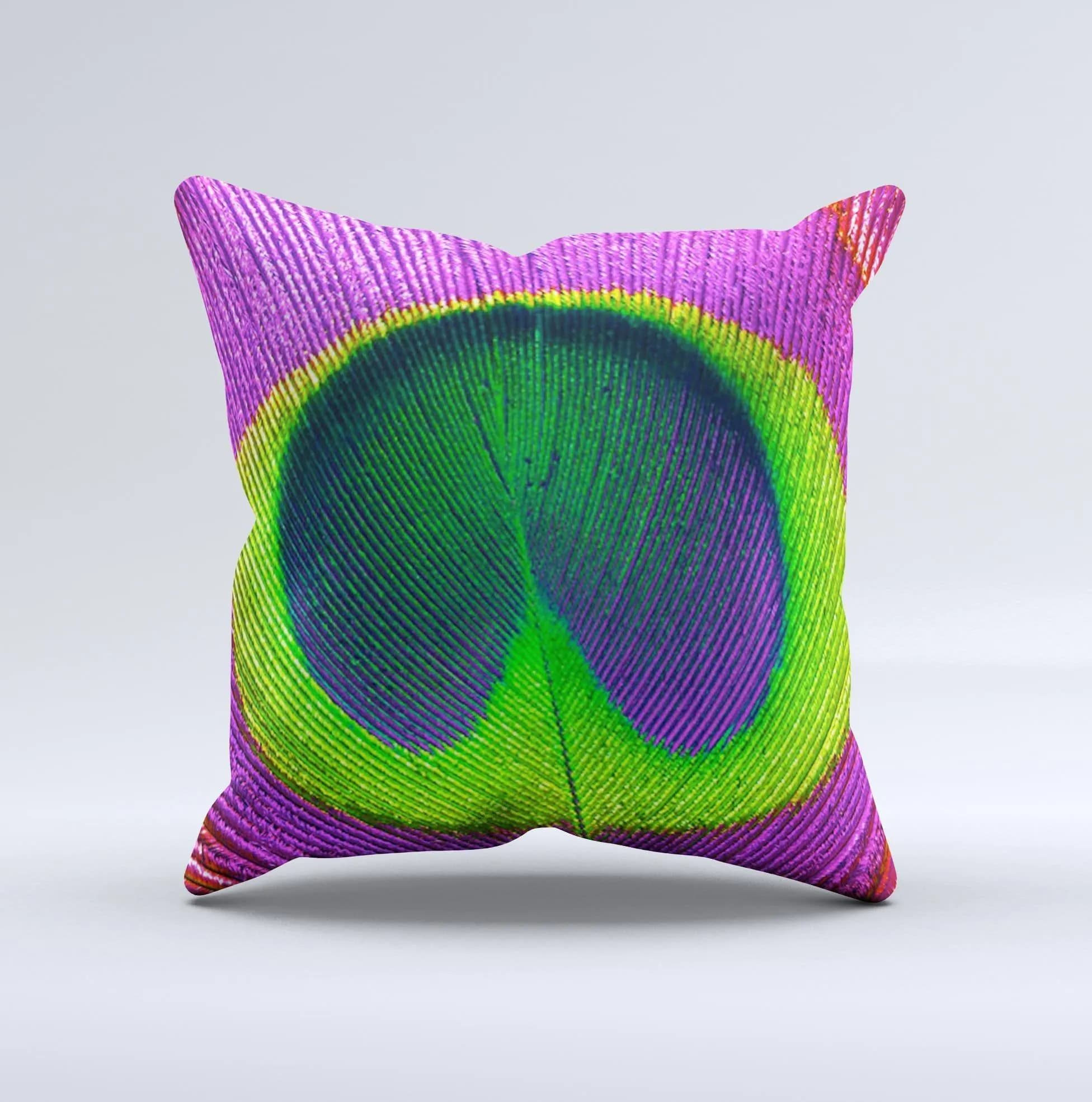 image-Neon Peacock Feather Ink-Fuzed Decorative Throw Pillow