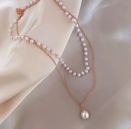 image-Silver Alloy Multi-Layer Necklace with Pearl Pendant