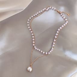 image-Silver Alloy Multi-Layer Necklace with Pearl Pendant