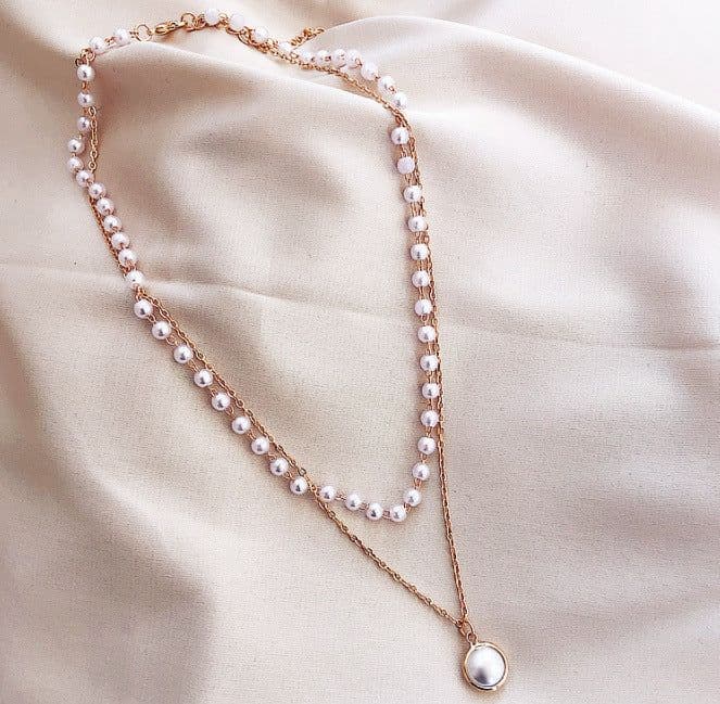 image-Silver Alloy Multi-Layer Necklace with Pearl Pendant