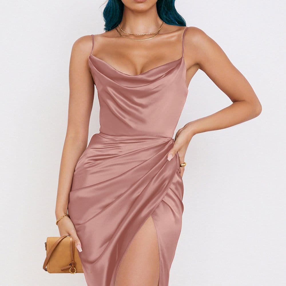 image-Krist Solid Color Midi Dress with One-Line Collar