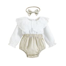 image-White Baby Jumpsuit with Collar, Plaid Khaki, 95% Cotton