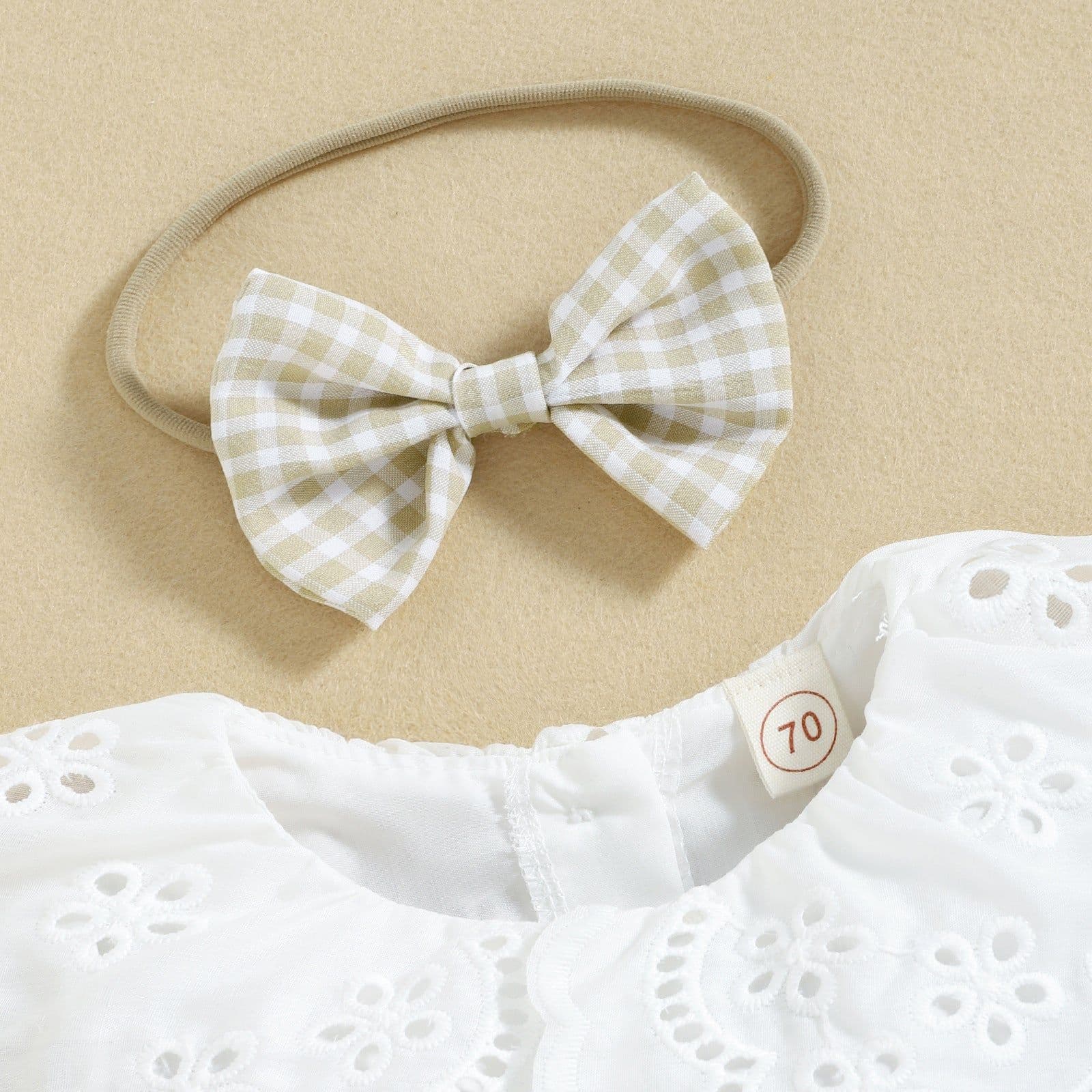 image-White Baby Jumpsuit with Collar, Plaid Khaki, 95% Cotton