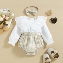 image-White Baby Jumpsuit with Collar, Plaid Khaki, 95% Cotton