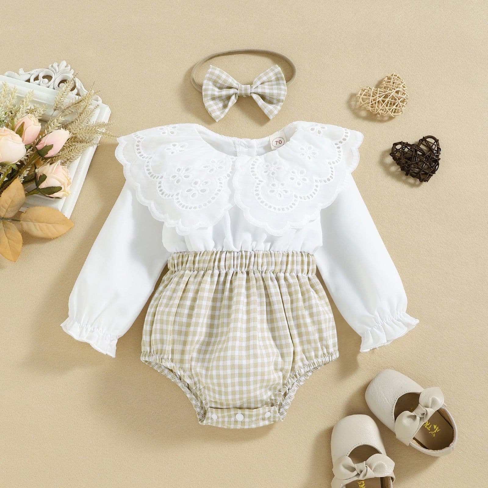 image-White Baby Jumpsuit with Collar, Plaid Khaki, 95% Cotton