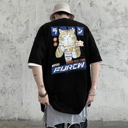 image-Cat Cartoon Print Cotton T-Shirt Men's Loose Short Sleeve