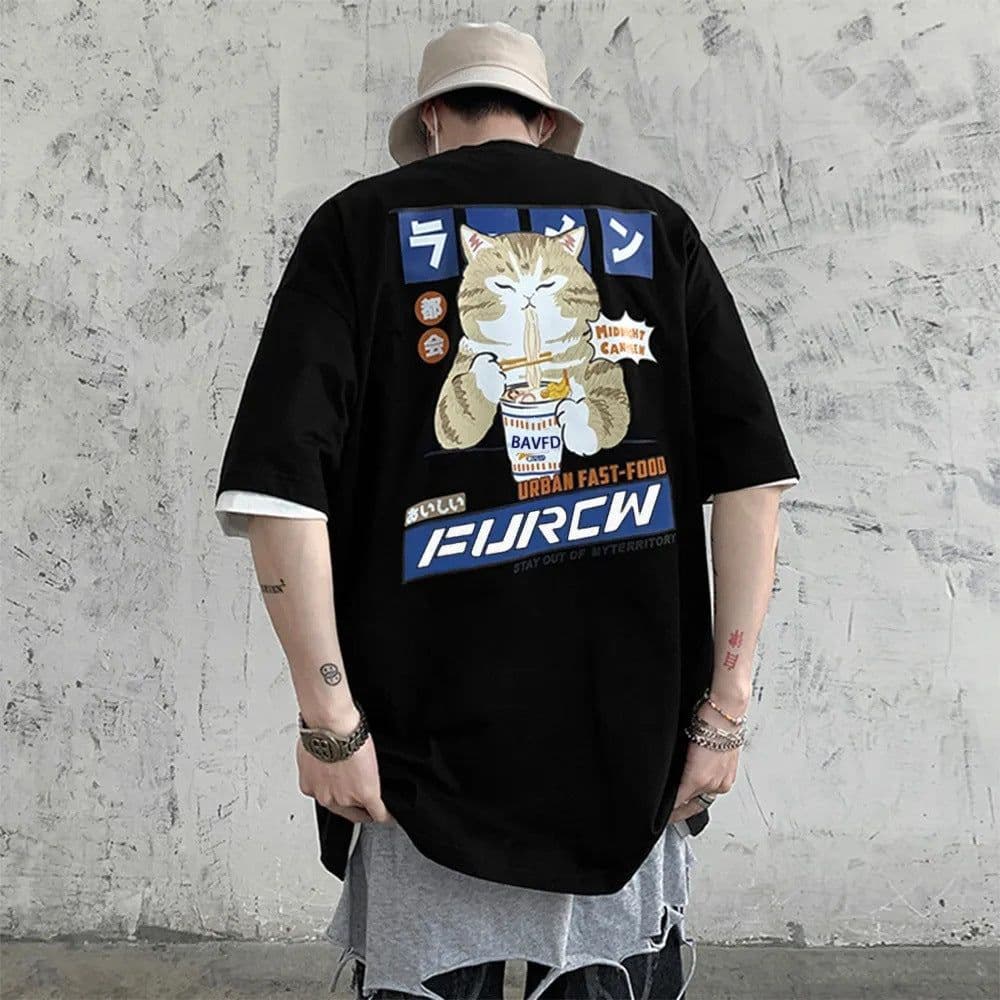 image-Cat Cartoon Print Cotton T-Shirt Men's Loose Short Sleeve