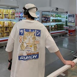 image-Cat Cartoon Print Cotton T-Shirt Men's Loose Short Sleeve
