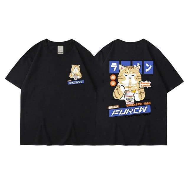image-Cat Cartoon Print Cotton T-Shirt Men's Loose Short Sleeve