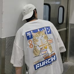 image-Cat Cartoon Print Cotton T-Shirt Men's Loose Short Sleeve