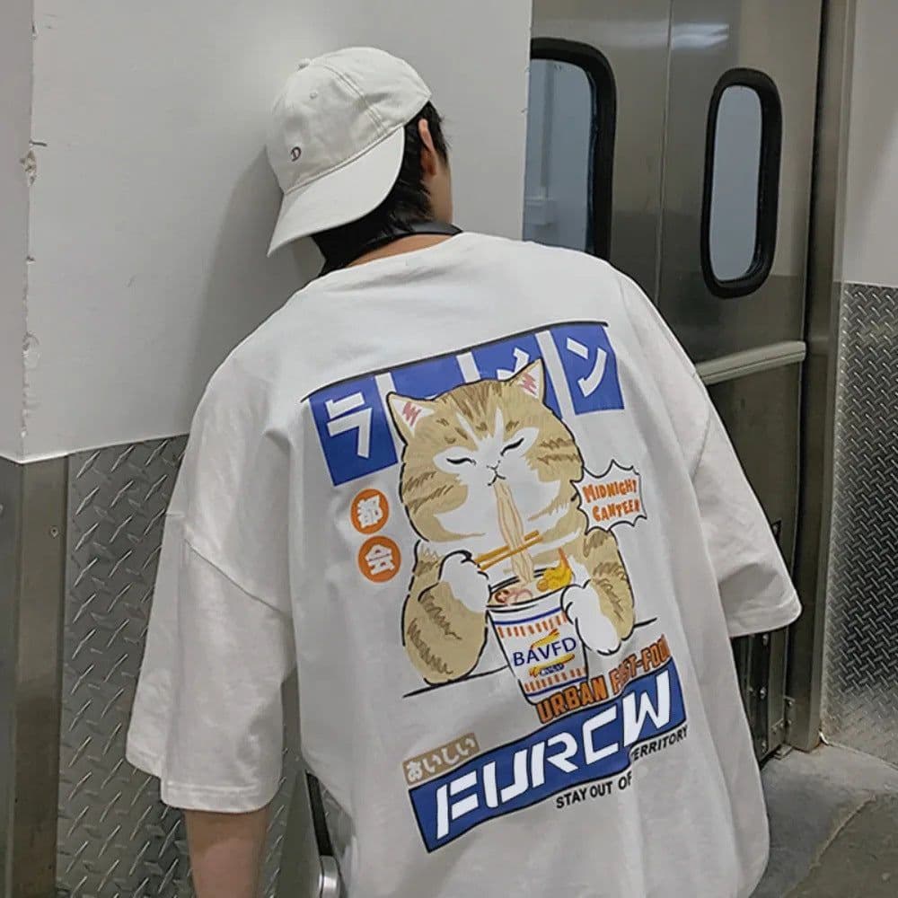 image-Cat Cartoon Print Cotton T-Shirt Men's Loose Short Sleeve