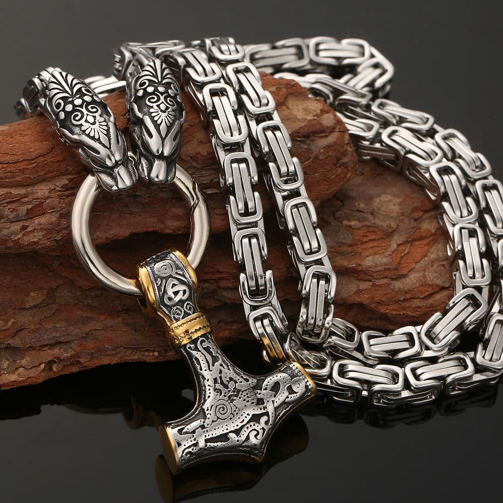 image-Men's Stainless Steel Viking Thor's Hammer Wolf Head Pendant Necklace