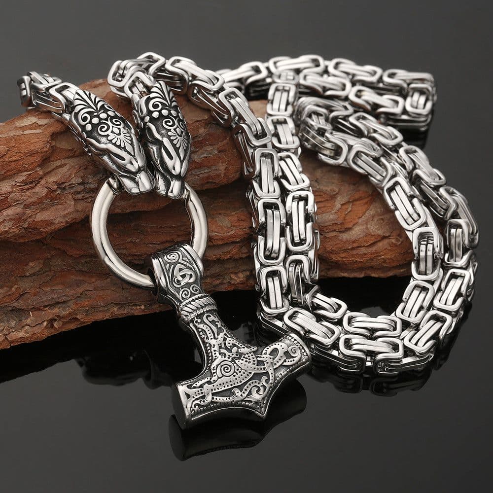 image-Men's Stainless Steel Viking Thor's Hammer Wolf Head Pendant Necklace