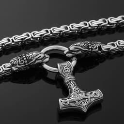 image-Men's Stainless Steel Viking Thor's Hammer Wolf Head Pendant Necklace