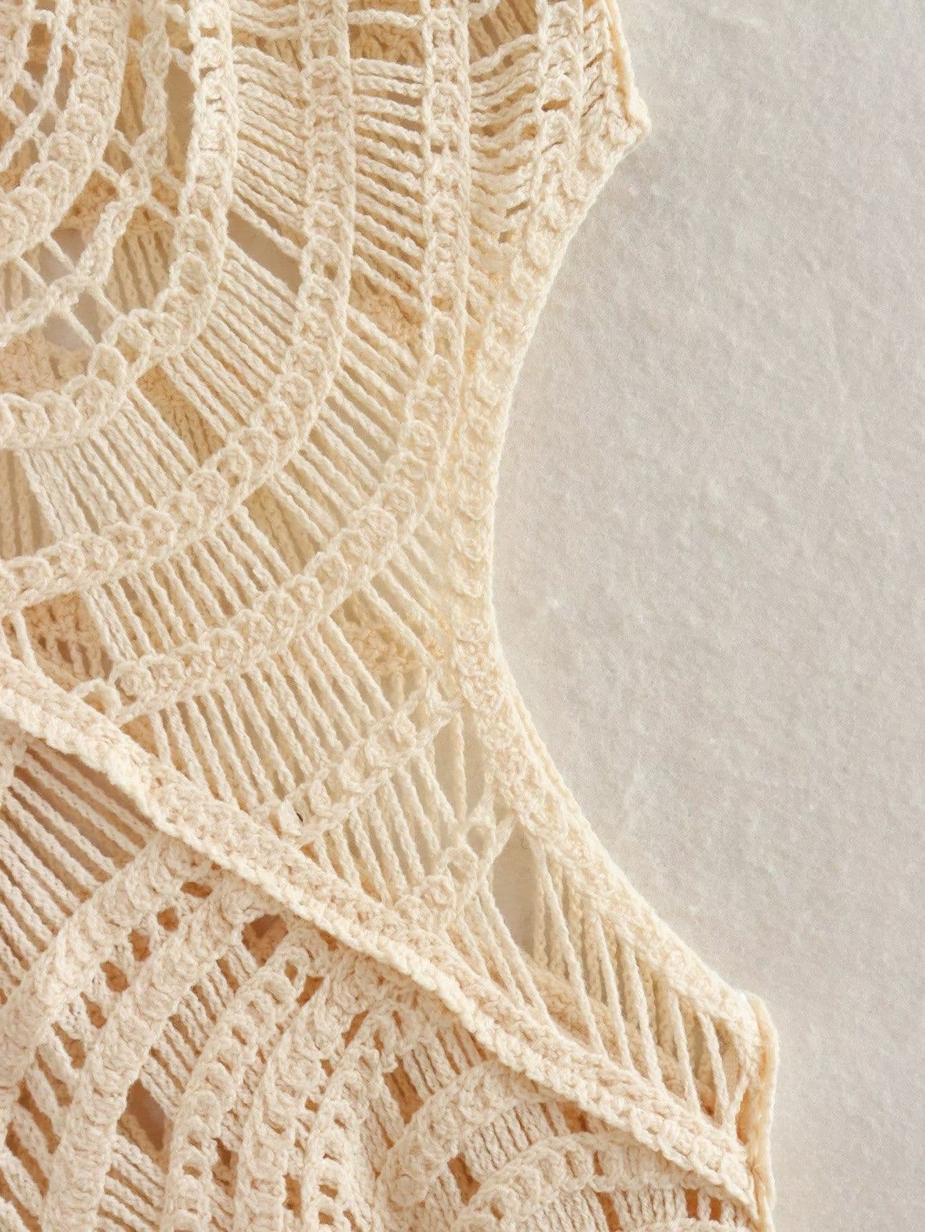 image-Summer V-Neck Crochet Hollow Polyester Dress