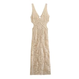 image-Summer V-Neck Crochet Hollow Polyester Dress
