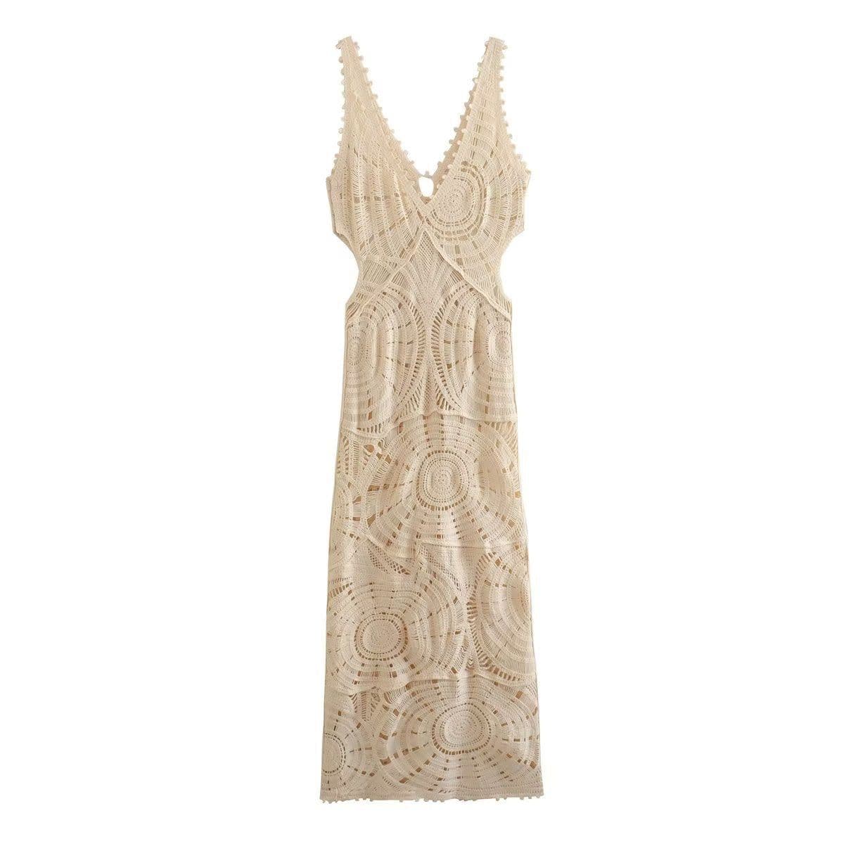image-Summer V-Neck Crochet Hollow Polyester Dress