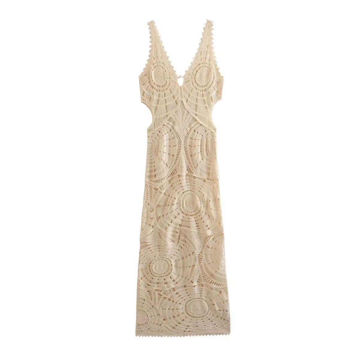 image-Summer V-Neck Crochet Hollow Polyester Dress