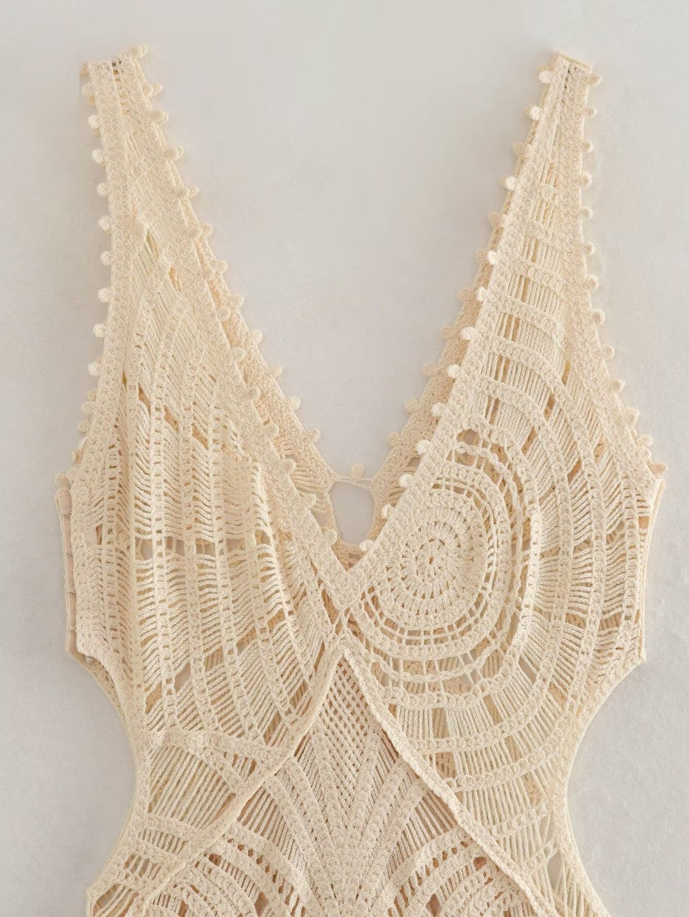 image-Summer V-Neck Crochet Hollow Polyester Dress