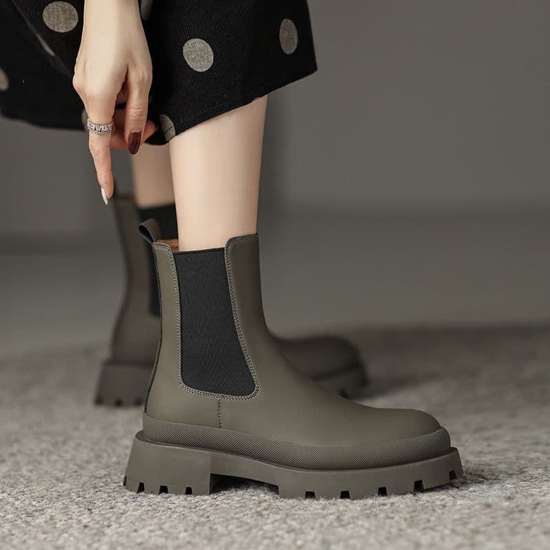 image-Bu Sheng Hua Women's Round Toe Cowhide Chimney Boots