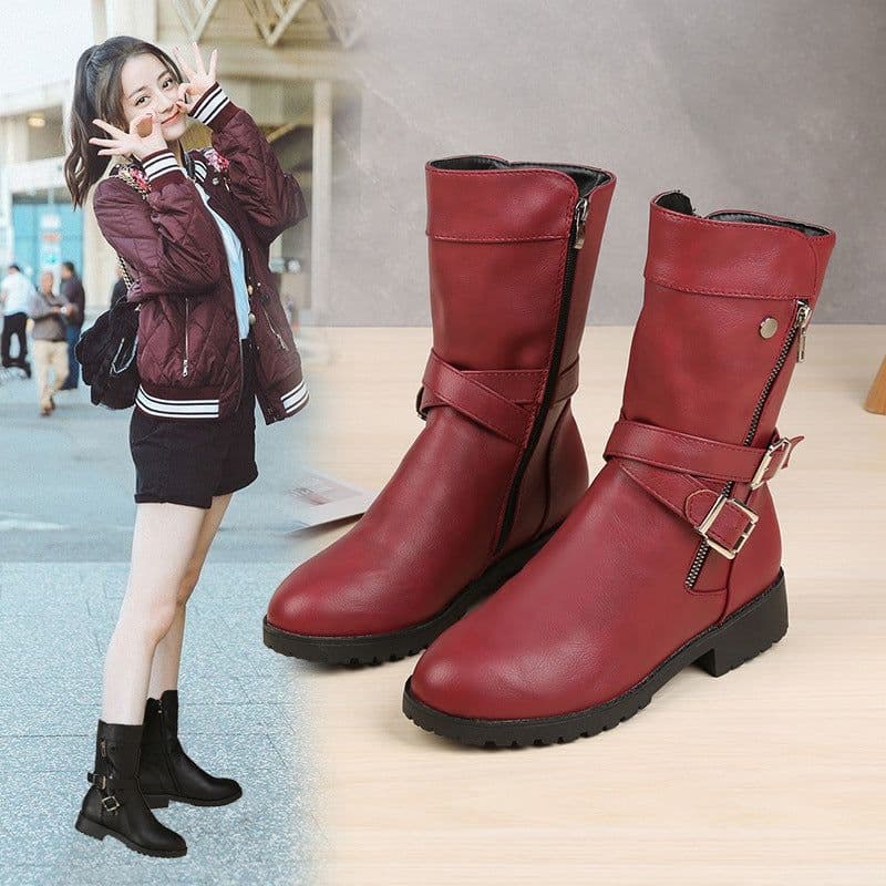 image-Women's Red Suede Martin Boots Side Zip Low Heel Round Toe