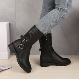 image-Women's Red Suede Martin Boots Side Zip Low Heel Round Toe