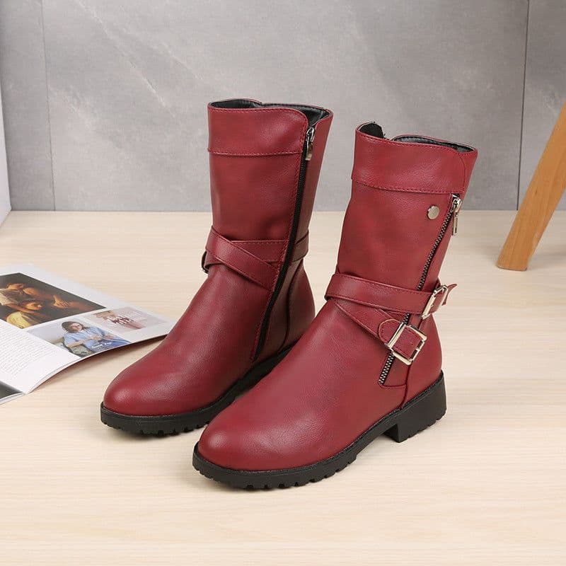 image-Women's Red Suede Martin Boots Side Zip Low Heel Round Toe