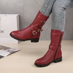 image-Women's Red Suede Martin Boots Side Zip Low Heel Round Toe