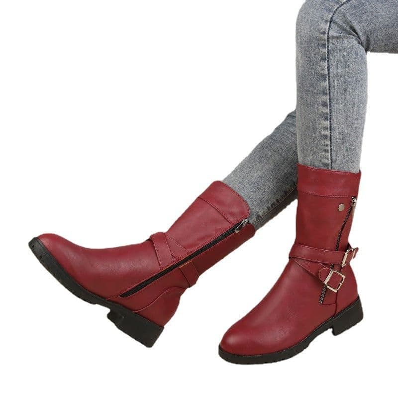 image-Women's Red Suede Martin Boots Side Zip Low Heel Round Toe