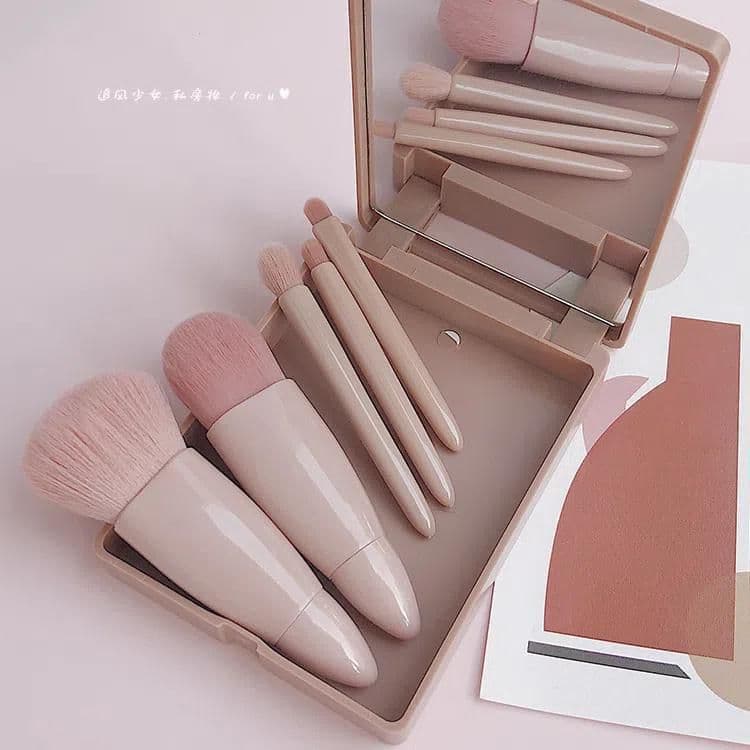 image-5-Piece Makeup Brush Set with Mirror, Portable