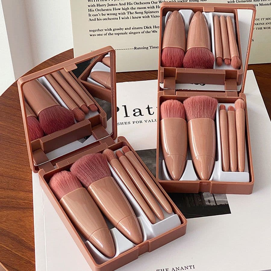 image-5-Piece Makeup Brush Set with Mirror, Portable