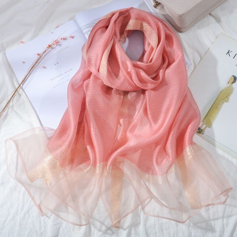 image-Women's Mulberry Silk Scarf 200cm Khaki Gold