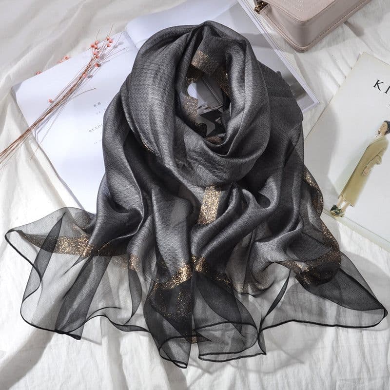 image-Women's Mulberry Silk Scarf 200cm Khaki Gold