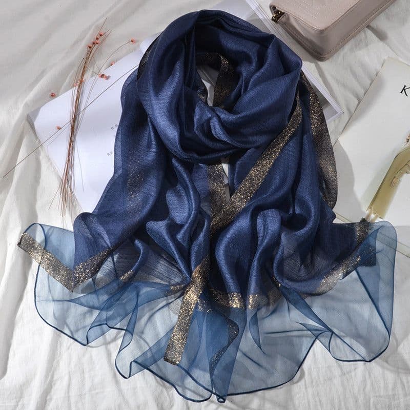image-Women's Mulberry Silk Scarf 200cm Khaki Gold
