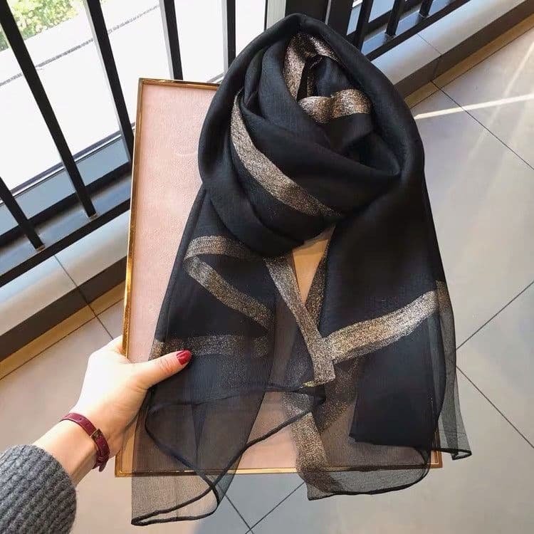 image-Women's Mulberry Silk Scarf 200cm Khaki Gold