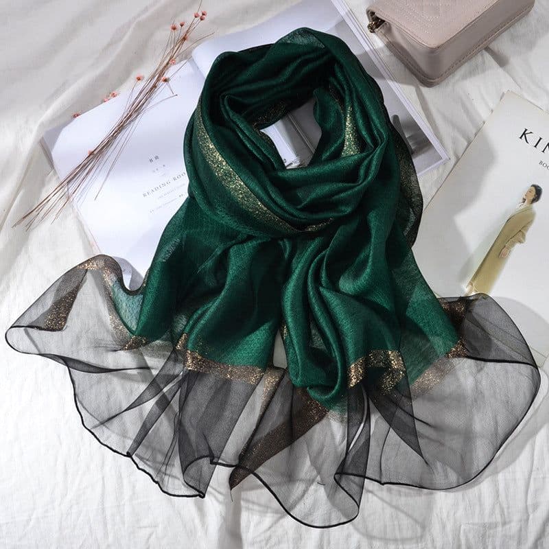 image-Women's Mulberry Silk Scarf 200cm Khaki Gold