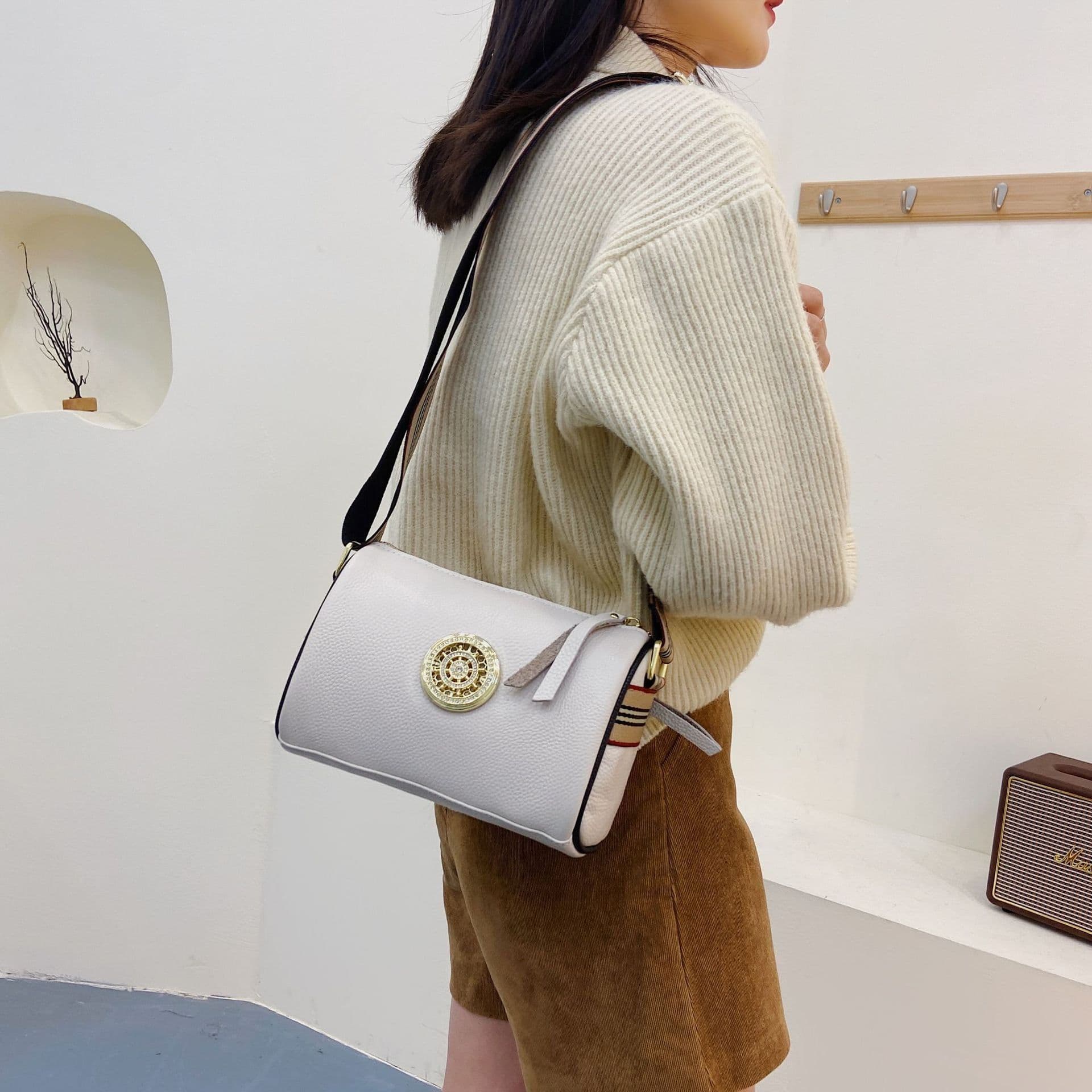 image-Genuine Leather Pillow Messenger Bag