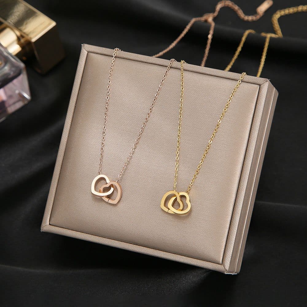 image-Korean 18K Rose Gold Double Ring Titanium Steel Necklace