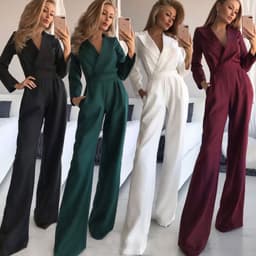 image-Women's Polyester Jumpsuit Solid Color Long-Sleeve