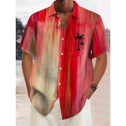 image-Explosive European and American men's short-sleeved lapel autumn hemp shirt coconut tree 3D printing AliExpress 2023 foreign trade one piece straight hair