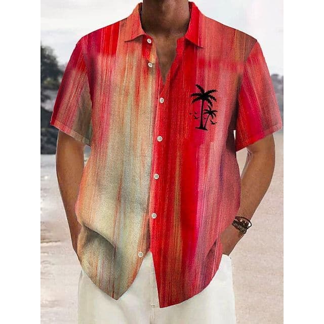 image-Explosive European and American men's short-sleeved lapel autumn hemp shirt coconut tree 3D printing AliExpress 2023 foreign trade one piece straight hair
