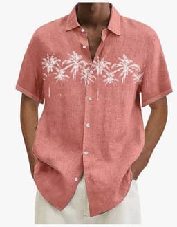 image-Explosive European and American men's short-sleeved lapel autumn hemp shirt coconut tree 3D printing AliExpress 2023 foreign trade one piece straight hair